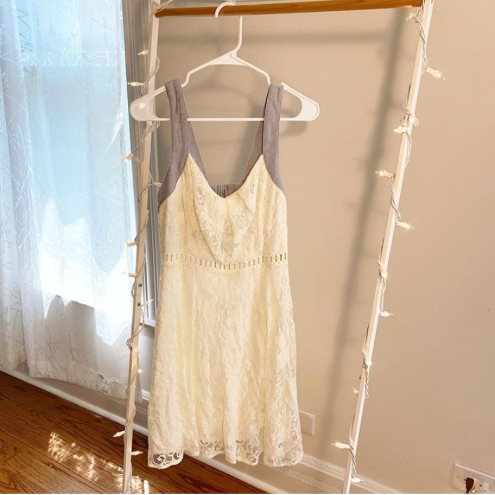 White/cream lace dress with blue straps
